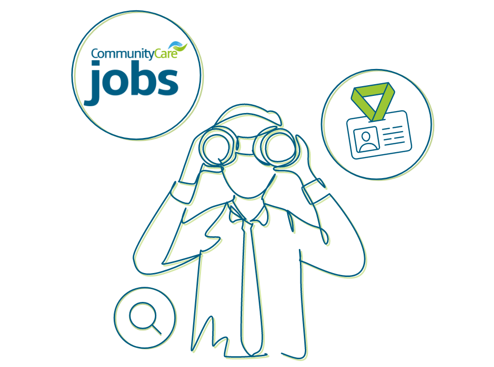 Community Care Jobs - a line drawing of a man with binoculars next to the Jobs logo